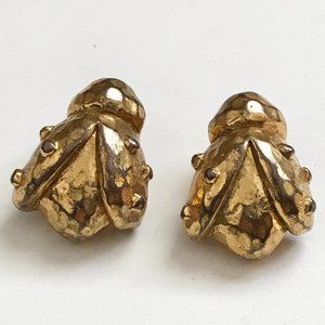 Vintage Alexis Lahellec Paris Hammered Repoussé Gold Lady Bug Clip On Earrings